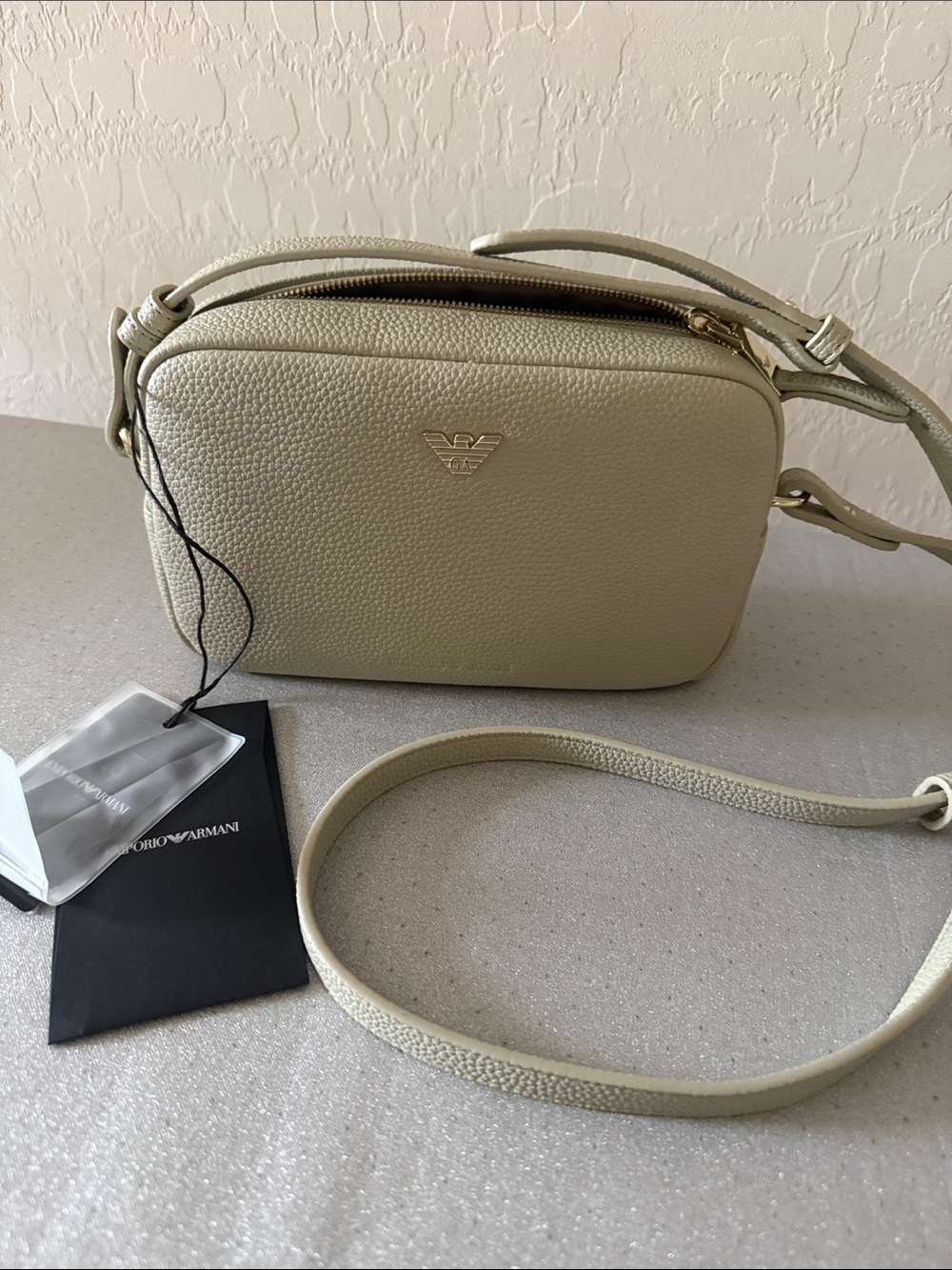 Emporio Armani Cream Pebbled Leather Crossbody Bag